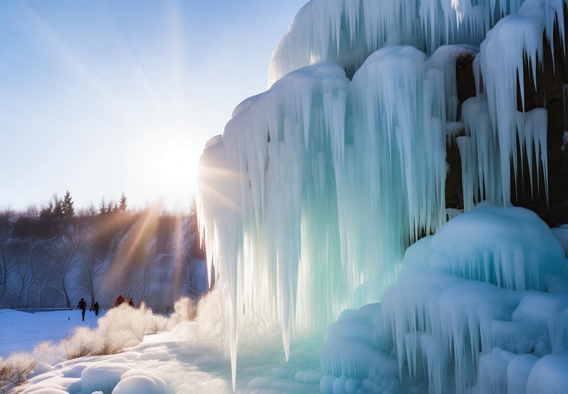冬日阳光下的网红冰瀑布：冰柱闪耀，冰雪奇观